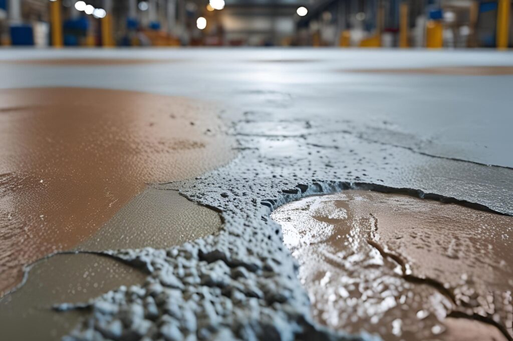 Jasa epoxy mortar coating oleh Eltama Coating untuk perbaikan dan pelapisan lantai industri yang mengalami kerusakan berat