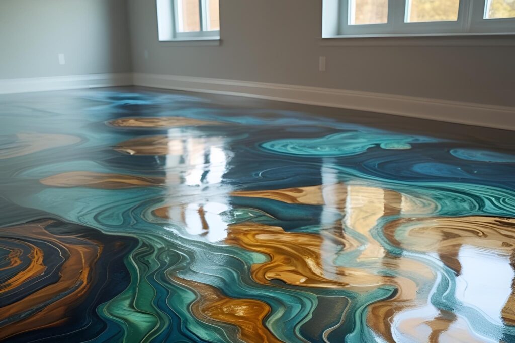 Pengerjaan jasa epoxy lantai motif 3D oleh Eltama Coating dengan tampilan visual realistis dan permukaan mengkilap